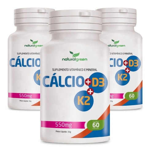 Kit Com 3 Cálcio+ D3+ K2 180 Cápsulas Natural Green