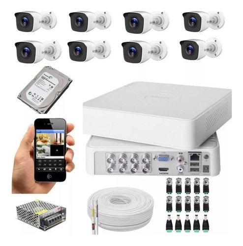 Kit Hikvision Para Cámara De Seguridad De 8 Cámaras Con Resolución 1080p, Visión Nocturna Incluida, Color Blanco