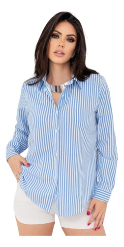 Camisa Social Feminina Listrada Blusa Manga Comprida Listra