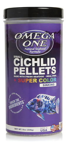 Omega One Cichlids Pellets Super Color Small Sinking 226g Alimento Para Peces Ciclidos En Granulos Pequeños 2mm De Lento Hundimiento A Base De Comida De Mar Colores Vibrantes