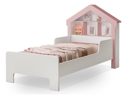 Cama Solteiro Casinha Princesa Com Prateleira Cristal Rose