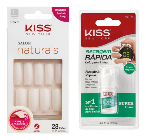 Kit Unha Quadr. Longo Ksn04br + Cola De Unhas Fbk135 Kiss Ny