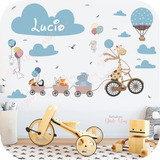 Vinilo Decorativo Infantil Animales Tren Y Bici Nombre Azul