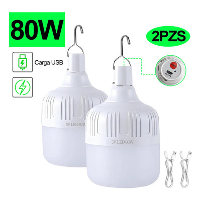 Naiwant® Color Luz Blanca Pack 2 Lámpara 80w Portatiles Recargable Emergencia Usb Lámpara Foco Led Blanco Frio 5 Modos De Iluminación Led Luces De Emergencia Adecuado Para Acampar, Montar Puestos
