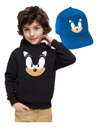 Poleron De Niño Con Capucha Sonic Rostro + Jockey Rostro