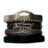 Pulseira Masculina Couro Pingente Cruz Bracelete Ajustável