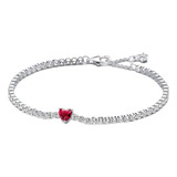 Pulsera Pandora Tenis Corazón Brillante Rojo Pedreria Plata