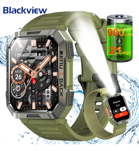 Reloj Smartwatch Reloj Inteligente Blackview Bvw60 Verde De 2.1 Pulgadas, Smart Watch, Hombre Reloj Inteligente Militar, Linterna Bluetooth, Ip68, 900mah,resistente Al Agua, Verde