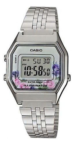 Reloj Casio De Dama Modelo La 680 Plateado Con Flores Color Del Bisel Morado Color Del Fondo Gris