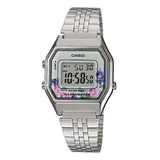 Reloj Casio De Dama Modelo La 680 Plateado Con Flores Color Del Bisel Morado Color Del Fondo Gris