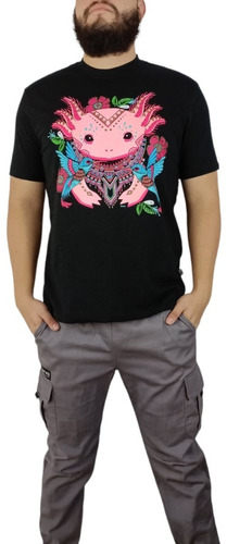 Playera Para Hombre Axolotl Colibris Fosforescente