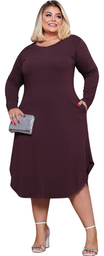 Vestido Midi Plus Size Longo Bolso Manga Longa Blogueira