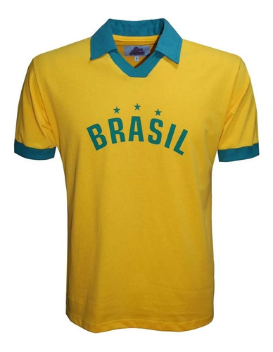 Camisa Polo Retrô Seleção Brasil Estrela Nº9 Amarela Azul