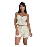 Conjunto Feminino Cropped Corslete E Shorts Alfaiataria