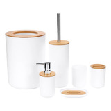 Kit Conjunto Banheiro Lavabo Escova Lixeira 6 Peças Bambu