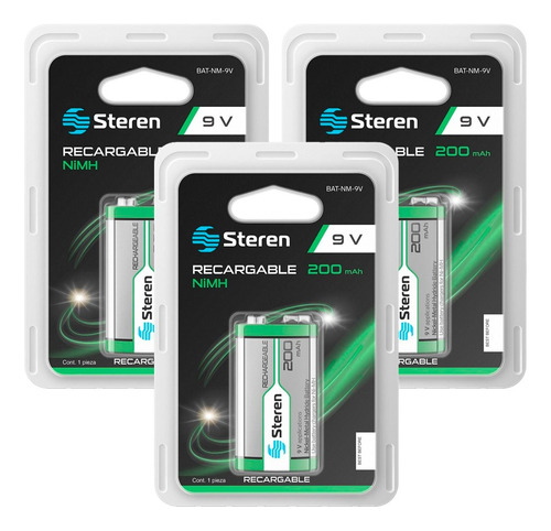 3 Baterías Steren Recargable 9v Nimh 200 Mah Bat-nm-9v 