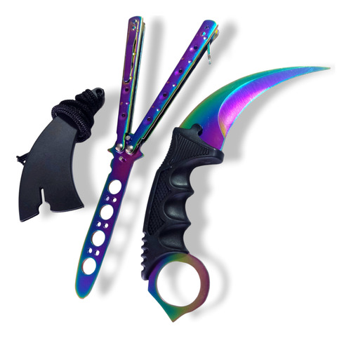 Set Cuchillo Kerambit Navaja Mariposa Tornasolado Sin Filo