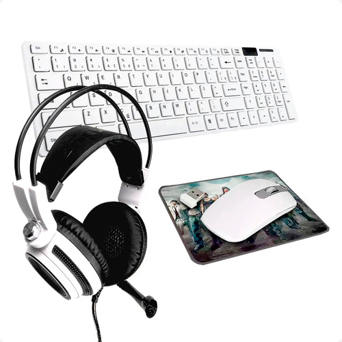 Mouse Teclado Sem Fio Usb Pc Notebook + Headset Gamer White