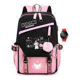 Mochila Escolar De Gran Capacidad Y Reloj Kuromi Melody, Col