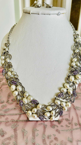 Collar Y Aros Colgante Perlas Y Piedras Violeta Para Brillar