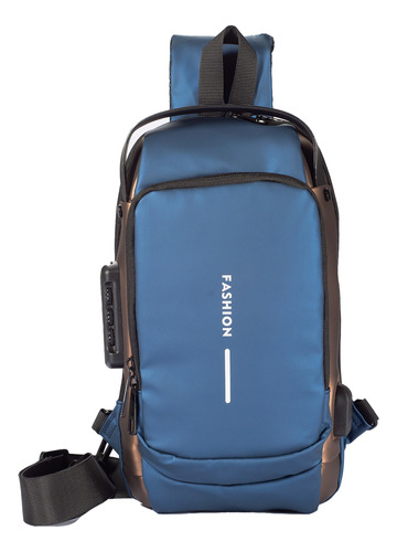 Mochila Couro Ombro Azul Bolsa Bag Usb Transversal Mala