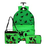 Mochila Infantil Masculina Dinossauro Estojo Lancheira Alça Cor Verde