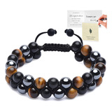 Pulseras Hombres Doble Ojo Tigre Piedra Obsidiana Ajustable