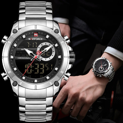 Reloj Naviforce NF9163 Analógico-Digital Plateado Correa Acero Inoxidable,Pantalla luminosa, resistencia al agua de 30 metros, esfera negra, reloj digital | Envío gratis