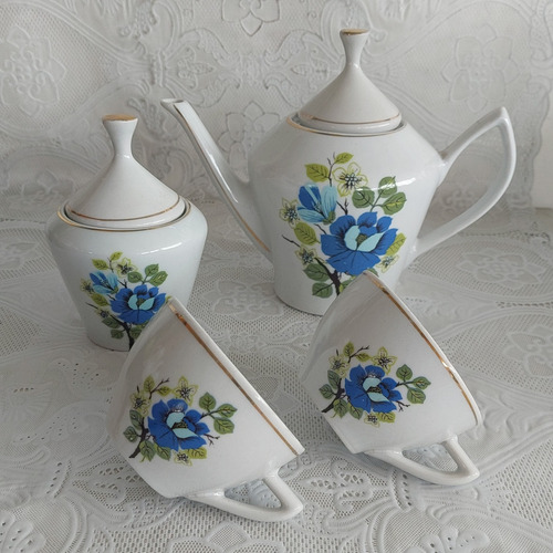Bule, Açucareiro E 2 Xícaras Chá Porcelana Pozzani Flor Azul