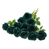 Helera 12 Rosas De Color Verde Pavo Real, Flores Artificiale