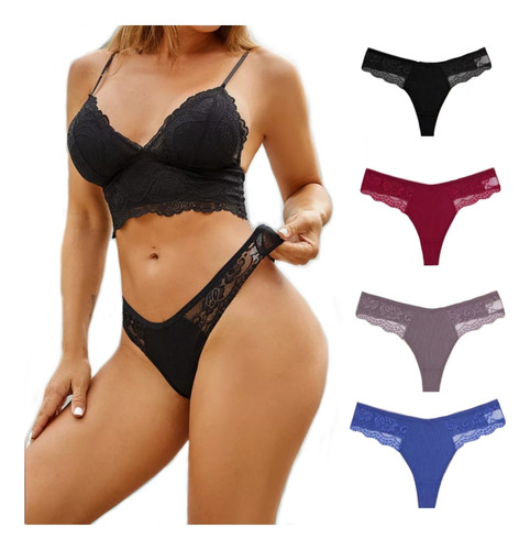 Tanga Sexy Con Encaje Pack (4pz) Varios Colores 