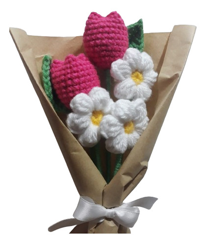 Ramo De Flores Tejidas Crochet Tulipanes + Margaritas