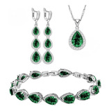 Juego Plata 925 Dije, Collar, Aretes Y Pulsera Joyas Verde