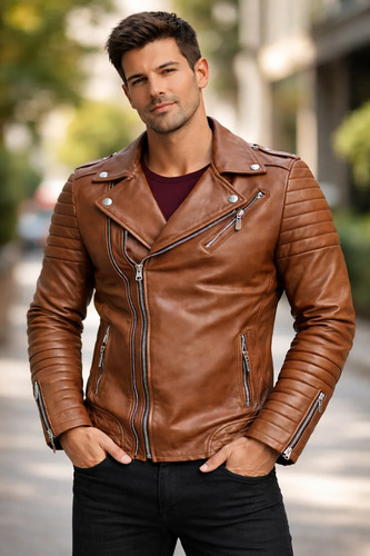 Chamarra Biker De Piel Para Hombre Chaqueta Café Slim Rocker
