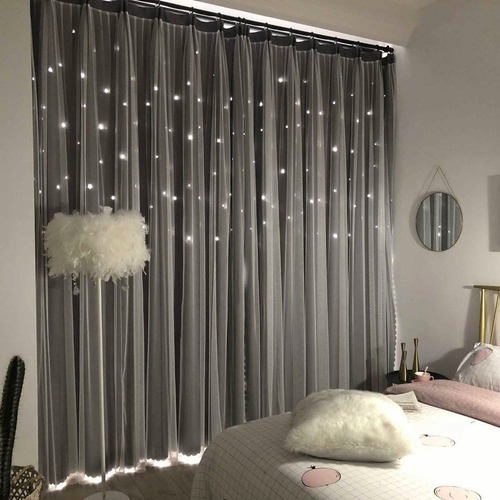 Cortina Lisa Con Tul Y Diseño Estrella De 132x274 Cm 2 Pzs.