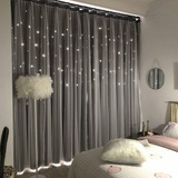 Cortina Lisa Con Tul Y Diseño Estrella De 132x274 Cm 2 Pzs.