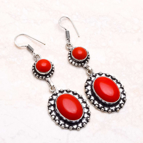 Aros Colgantes En Plata  Indu 925 Con Coral