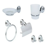 Set Kit Accesorios Baño 6 Pzas Metal Cromado 2 Perchitas