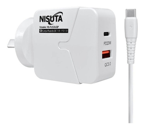 Cargador Rápido Celular Nisuta 2 Puertos Usb Con Cable Usb C Color Blanco