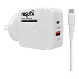 Cargador Rápido Celular Nisuta 2 Puertos Usb Con Cable Usb C Color Blanco