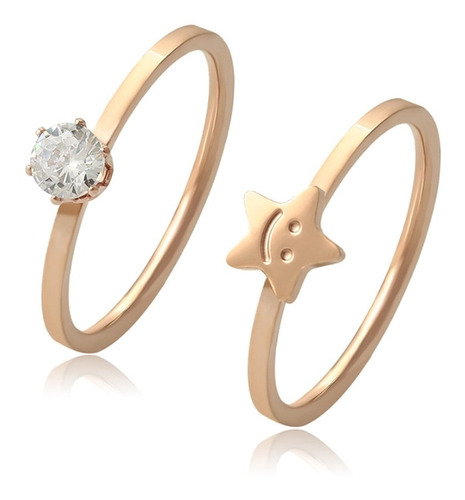 Anillo 2 X 1 Par Estrella Solitario Oro Laminado 14k Rosa 