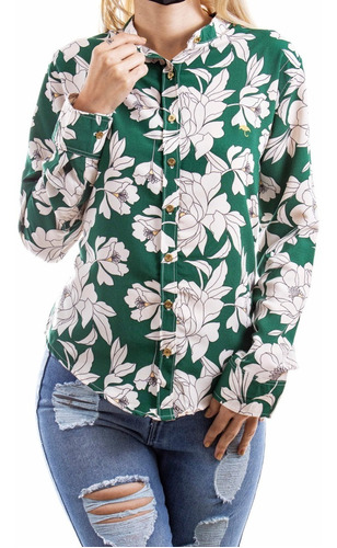  Blusa Camisa Mujer Verde Hojas Blancas Moon & Rain