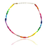 Colar Choker Colorido Miçangas Cilindros Ouro Folheado