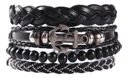 Conjunto Pulsera Brazalete Hombre Cuero 4 En 1 Ancla