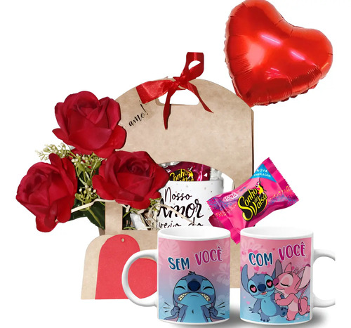 Cesta Arranjo De Flores Rosas Vermelhas Com Caneca E Balão