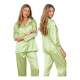 Pijama De Satén Mujer Camisero Invierno Comodo Suave Selene