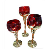 Candelabros 3 Piezas Tipo Copas Cristal Rojo Base Dorado