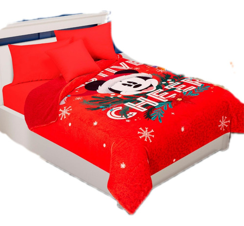 Cobertor Con Borrega De Mickey Navidad Matrimonial 
