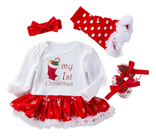 Navidad Mameluco Vestido Para Niña Con Diadema Traje 4piezas
