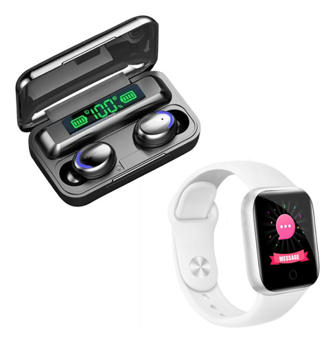 Combo Smartwatch D20 Y68 + Auricular Inalambrico F9-5 Negro